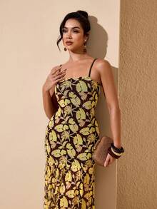 JIAN LASALA 全身印花网纱吊带无袖女士夏季开衩长裙度假 - 彩色 - 查看 1