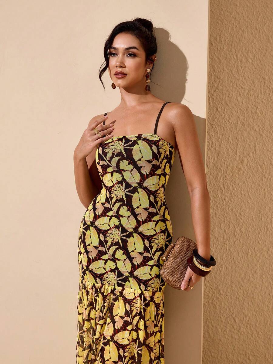 JIAN LASALA 全身印花网纱吊带无袖女士夏季开衩长裙度假 - 彩色 - 查看 1