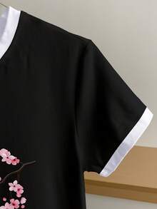 SHEIN LUNE 女士撞色树枝印花短袖休闲圆领T恤 - 黑色 - 查看 4