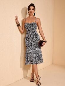 JIAN LASALA Đầm nữ không tay dáng suông, dây mảnh, xếp ly, chất liệu lưới in họa tiết toàn thân, thích hợp cho kỳ nghỉ hoặc mặc thường ngày. - Đen và trắng - Xem 7