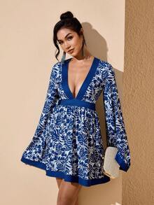 JIAN LASALA 热带印花低V领喇叭长袖女士迷你针织连衣裙，夏季度假风 - 藏蓝色 - 查看 5