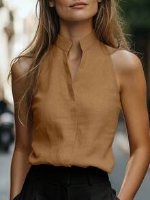 EMERY ROSE Women's Sleeveless Mandarin Collar Linen-Like Tank Top, Versatile Commuter Slim-Fit Top - Camel - View 3