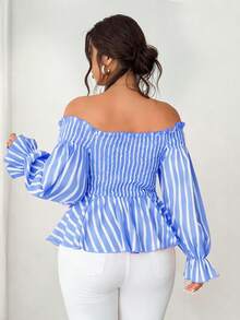 Elenzga Plus Size Long Sleeve Casual Vacation Off-Shoulder Commuter Shirt - Baby Blue - View 4