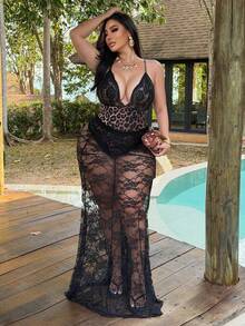 NU&NOW Plus Size Women's Leopard Print Knit Lace Trim Spaghetti Strap Bodysuit,Tight Waist Brown,Summer,70's,Night Out Club,Party, Date Outfit - Multicolor - View 5