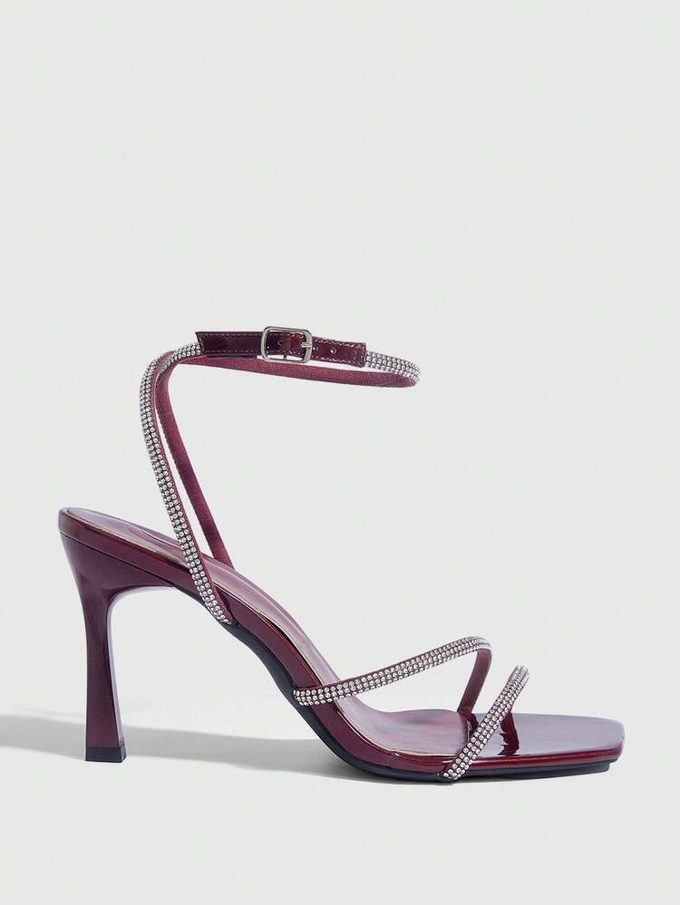 CUCCOO SZL Women Shoes Spring And Summer New Burgundy Rhinestone Belt Ankle Strap Women's High-Heeled Sandals Simple Fashion Comfortable Versatile Sexy Party Women's Sandals Women's Shoes Prom Heels