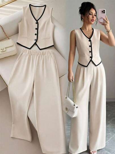 Reset Phase Conjunto de chaqueta sin mangas con cuello en V y botones con ribete de contraste y pantalones de cintura elástica para adolescentes