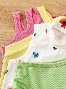 4pcs Young Girl Solid Color Heart Pattern Knit Camisole Set Cute Spring Tops Multipack Tops Kids Girls Sleeveless Tops Young Girls Multi Pack Tops - Lime Green - View 3