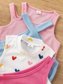 Set de 4 piezas de camisetas de tirantes de punto de unicolor con diseño de corazón para niña - Rosa - Ver 3