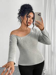 Elenzga Lenzga Women's Plus Size Asymmetrical Shoulder Long Sleeve Cinched Waist Casual Blouse, Elegant Faux Pearl Decor, Luxury Party Wear - Grey - View 5