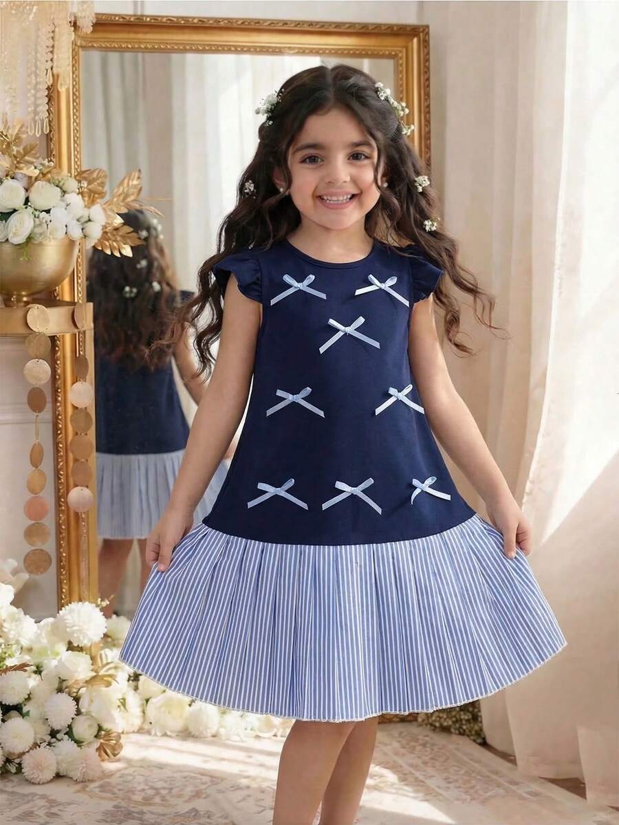 Elladie kids 女童夏季新款圆领A字连衣裙,荷叶袖,褶裥下摆,正面花卉图案,露背设计,休闲复古风,适合日常穿着,红色 - 藏蓝色 - 查看 1
