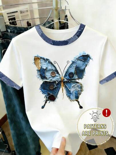 Resyla Maglietta a maniche corte con scollo rotondo e motivo a farfalla retrò, adatta per primavera ed estate