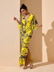 JIAN LASALA 花卉印花网纱深V系带蝴蝶袖女士夏季优雅连衣裙度假波西米亚风 - 黃色 - 查看 3