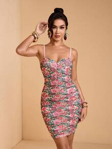 JIAN LASALA Vestido de verano elegante y casual para mujer con estampado floral tropical, tirantes de espagueti de malla, drapeado y sin mangas - Multicolor - Ver 3