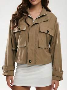 Glamine Women's Solid Color Pocket Casual Lightweight Long Sleeve Jacket, Versatile For Daily Wear - Khaki - View 3