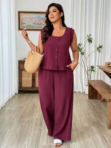 Weeklong Plus Size Women's New Elegant Casual Design Ruffled Trim Sleeveless Top And Wide Leg Pants 2-Piece Set - Burgundy - View 3