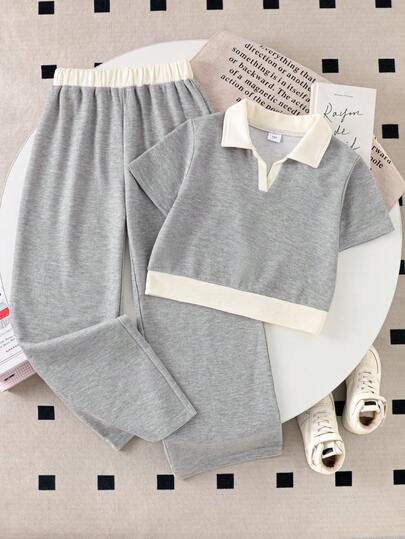 2026春夏新款少女夏季柔软舒适面料时尚单品，SS26度假旅行必备儿童夏季套装，2026春夏新款灰色露脐上衣搭配休闲裤