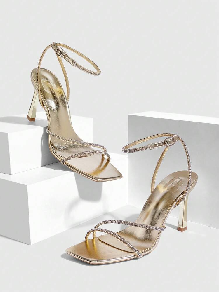 CUCCOO SZL Women Shoes Spring And Summer New Golden Rhinestone Belt Ankle Strap Women's High Heel Sandals Simple Fashion Comfortable Versatile Sexy Party Banquet Women's Sandals Women's Shoes Prom Heels
