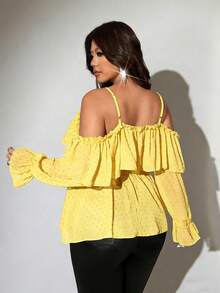 Viva Relle Blusa casual versátil de uso diario con hombros descubiertos y volantes en unicolor para mujer de talla grande - Amarillo claro - Ver 7