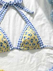 Swim Mod Women's 3-Piece Swimwear Set,Yellow Summer Cute Beach Holiday Floral Print Bikini,Flowy Island Casual Sweet Girl Versatile Blue Swimming Pool Party - Multicolor - View 5