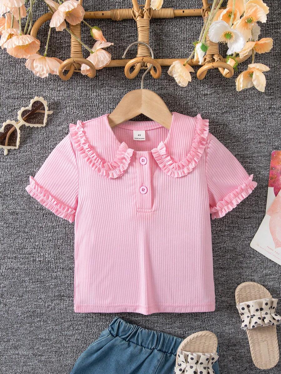 SHEIN Genkimix Kids 女童条纹荷叶边休闲百搭日常短袖T恤 - 粉色 - 查看 1