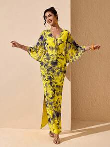 JIAN LASALA 花卉印花网纱深V系带蝴蝶袖女士夏季优雅连衣裙度假波西米亚风 - 黃色 - 查看 5