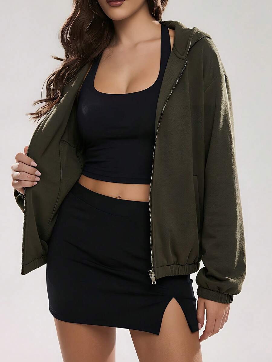 Glamine Women's Solid Color Zip-Up Hooded Casual Versatile Daily Wear Long Sleeve Jacket - Brown - View 1