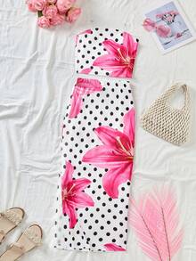 Conjunto de camiseta corta de tubo con estampado floral tropical de todo el Body y tirantes transparentes, talla grande falda maxi de punto de patrón amarillo para niñas preadolescentes en primavera/verano y vacaciones en la playa - Blanco - Ver 3