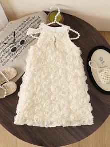 SHEIN Glamorique Kids 女童3D网纱碎花连衣裙，女童甜美蝴蝶结休闲宽松吊带连衣裙，女童夏季无袖公主裙，适合日常或度假穿着 - 杏色 - 查看 2
