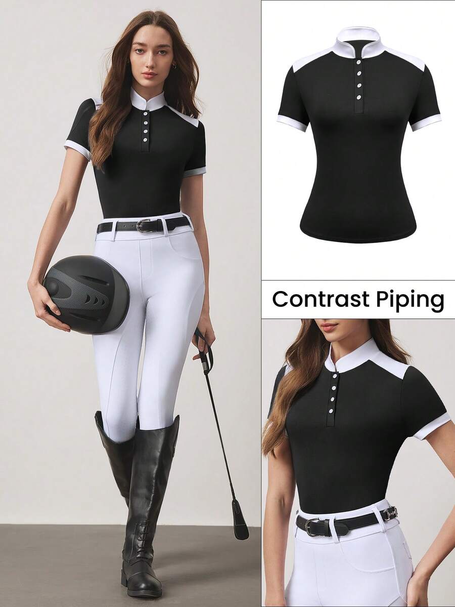 SHEIN With My Calm 撞色拼接立领短袖马术运动服 - 彩色 - 查看 1