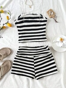 SHEIN Teen Girl Striped Ruffle Bandeau Top And Shorts Set - Black and White - View 2