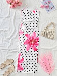 Conjunto de camiseta corta de tubo con estampado floral tropical de todo el Body y tirantes transparentes, talla grande falda maxi de punto de patrón amarillo para niñas preadolescentes en primavera/verano y vacaciones en la playa - Blanco - Ver 5