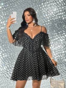 Viva Relle Đầm chấm bi trễ vai thanh lịch, gợi cảm dành cho người có thân hình đầy đặn, thích hợp cho mùa hè. - màu đen - Xem 2
