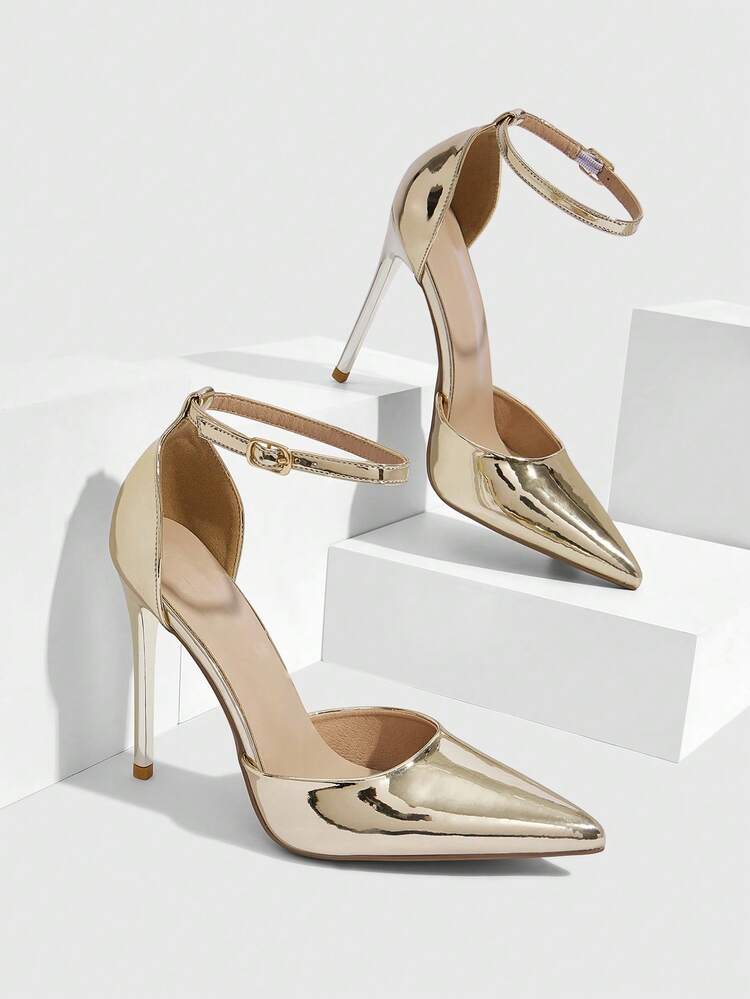 CUCCOO SZL Women Shoes New Women's Gold Pointed Stiletto Sexy Dinner Party Women's High Heel Shoes Back Ankle Strap Hollow Shoes Women's Shoes