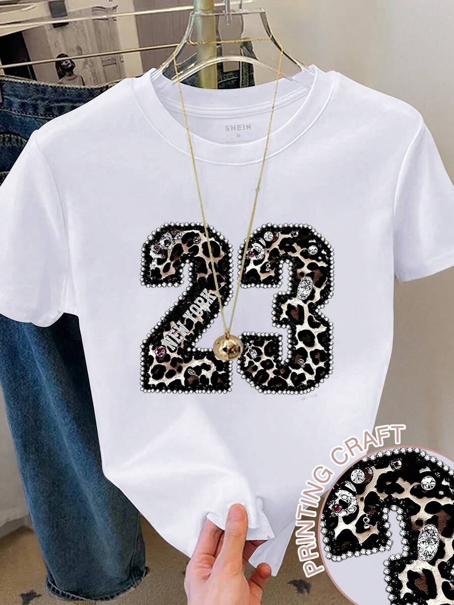 Franclia 女士豹纹数码印花休闲短袖圆领T恤 - 白色 - 查看 1