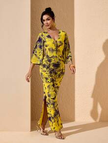 JIAN LASALA 花卉印花网纱深V系带蝴蝶袖女士夏季优雅连衣裙度假波西米亚风 - 黃色 - 查看 4