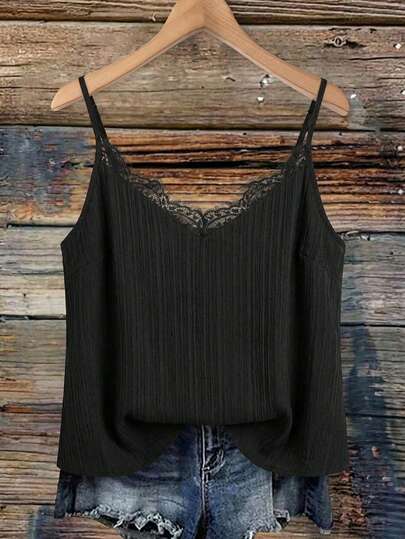 EMERY ROSE חולצה בצבע אחיד עם צווארון V, תחרה, מידות גדולות, בסיס שחור, אלגנטית לחופשה, דייט, מסיבה, אופנה