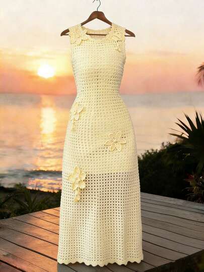 Elenzga Women's Spring/Summer New Arrival Single Piece Round Neck Fitted Mid-Length Dress With 3D Crochet Lining, Elegant French Style Cream Yellow Sleeveless Knit Dress