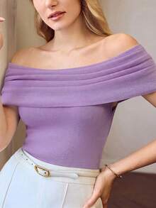 MOTF PREMIUM OFF-SHOULDER RUCHED FITTED SHORT SLEEVE KNIT TOP - Violet Purple - View 3