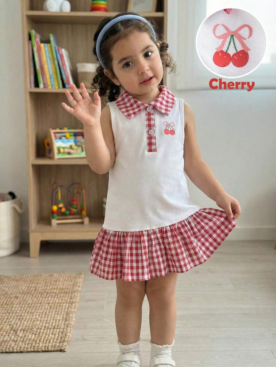 SHEIN Baby Girl Cherry Print Casual Vacation Daily Wear Dress With Peter Pan Collar - Red and White - View 1