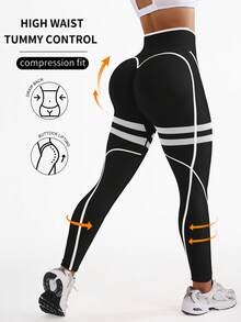 Dewbera 女士条纹高腰休闲健身紧身裤 - 黑色 - 查看 1