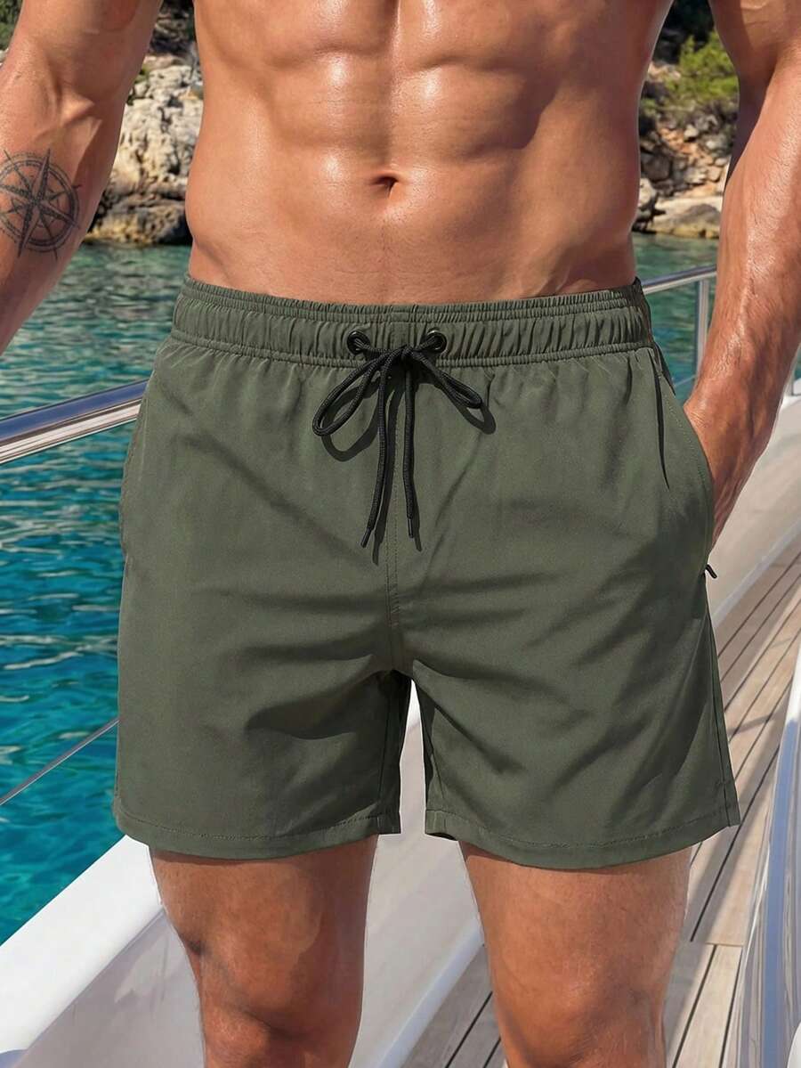 Manfinity Swimmode 男士拉鍊口袋腰部抽繩泳褲 - 軍綠色 - 查看 1