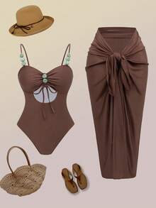 Swim Oasis Summer Vacation Sexy Solid Color Hollow Out Halter Turquoise Accessories Spaghetti Strap Women One-Piece Swimsuit & Sarong Maxi Dress - Brown - View 2