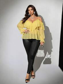 Viva Relle Blusa casual versátil de uso diario con hombros descubiertos y volantes en unicolor para mujer de talla grande - Amarillo claro - Ver 4