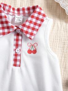 SHEIN Baby Girl Cherry Print Casual Vacation Daily Wear Dress With Peter Pan Collar - Red and White - View 4