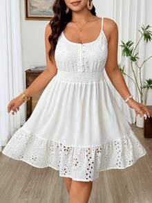 Weeklong Plus Size Women's Fashionable Delicate Vacation Elastic Waist Hollow-Out A-Line Slip Dress, Spring/Summer Vacation White Goth - White - View 1