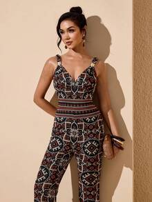 JIAN LASALA Bộ jumpsuit nữ in họa tiết toàn thân, cổ chữ V, chất liệu lưới, xếp ly, dáng suông, xẻ tà, phong cách boho, thường ngày, thích hợp cho kỳ nghỉ hè. - Nhiều màu - Xem 1