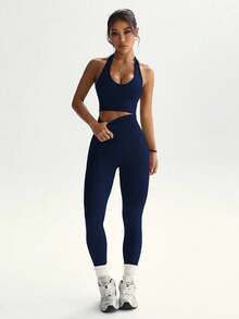 Dewbera Women's Minimalist Solid Color Halter Top And Pants Sports Set For Everyday Wear - 多色 3 - 查看 2