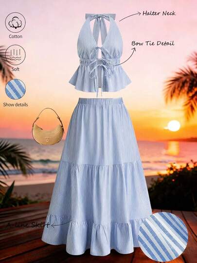 Lyxana Women's Cotton Linen Striped Blouse & A-Line Skirt Set, Casual Vacation Charming Sexy Elegant Daily Commute Fashion French Street Retro Versatile Business Holiday Blue & White Blouse & Skirt 2-Piece Outfit, Spring/Summer