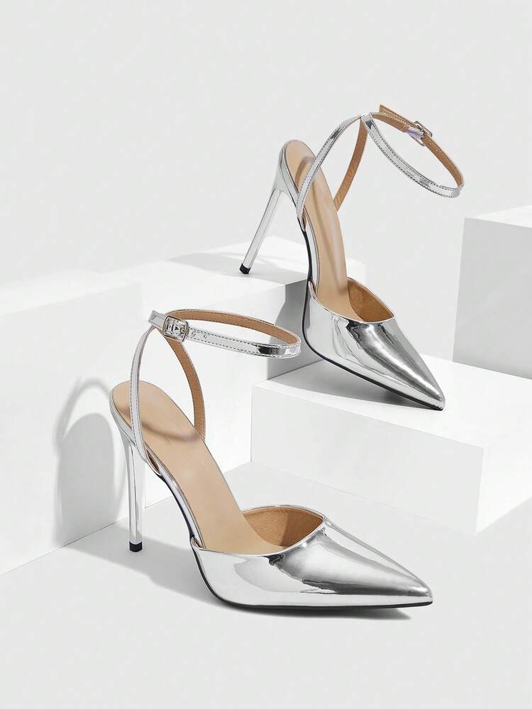 CUCCOO SZL Women Shoes Pointed Thin High Heel Silver Glossy Ankle Strap Women's Shoes Simple Temperament Fashion Sexy Party Banquet Nightclub Women's High Heel Shoes Women's Shoes