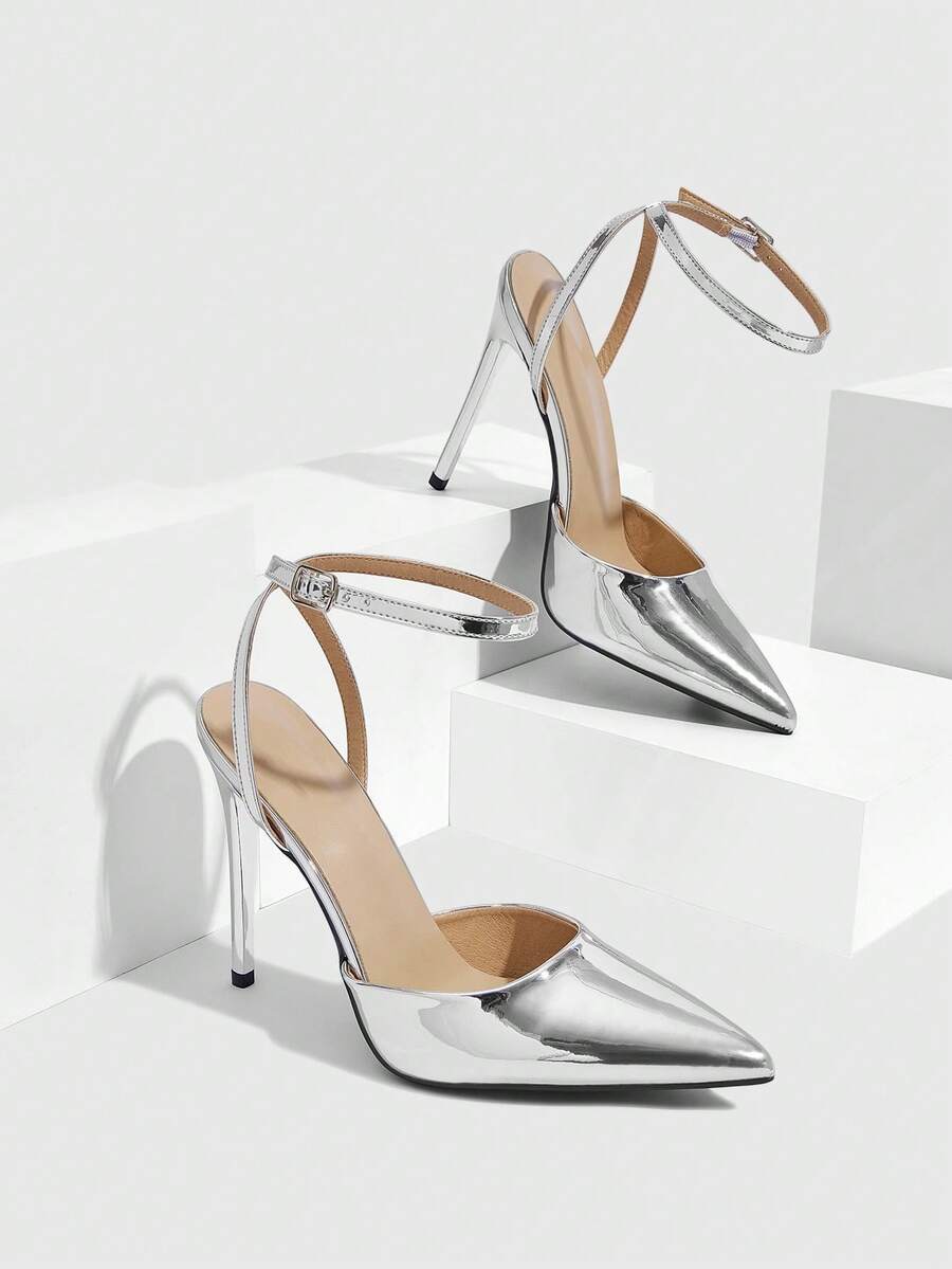 CUCCOO SZL 女鞋尖头细高跟银色亮面踝带女鞋简约气质时尚性感派对宴会夜店女高跟鞋 - 鐵板銀色 - 查看 1